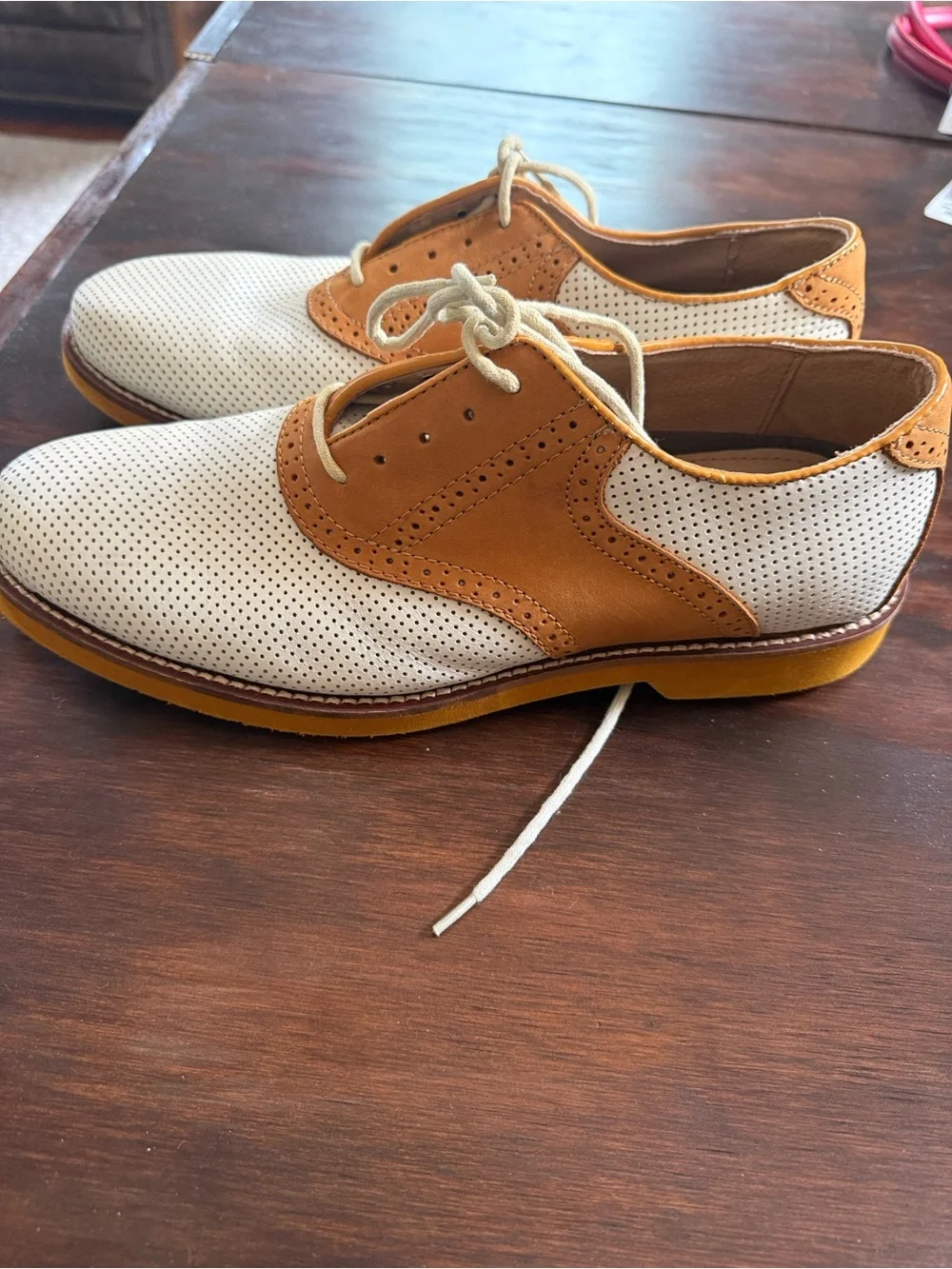 Bass Two-Tone Perforated Wingtip Oxfords - White & Tan